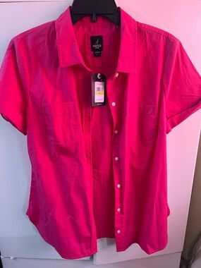Nautica Short Sleeve Button-Up Shirt - Hot Pink